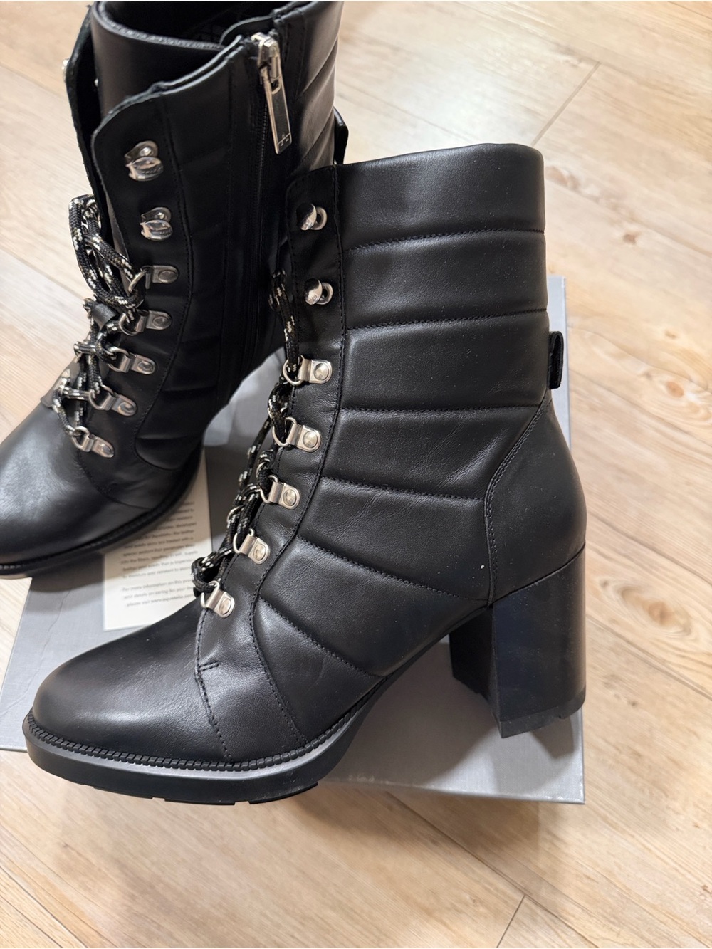 Aquatalia Black Quilted Lace-Up Block Heel Ankle Boots Ivanya